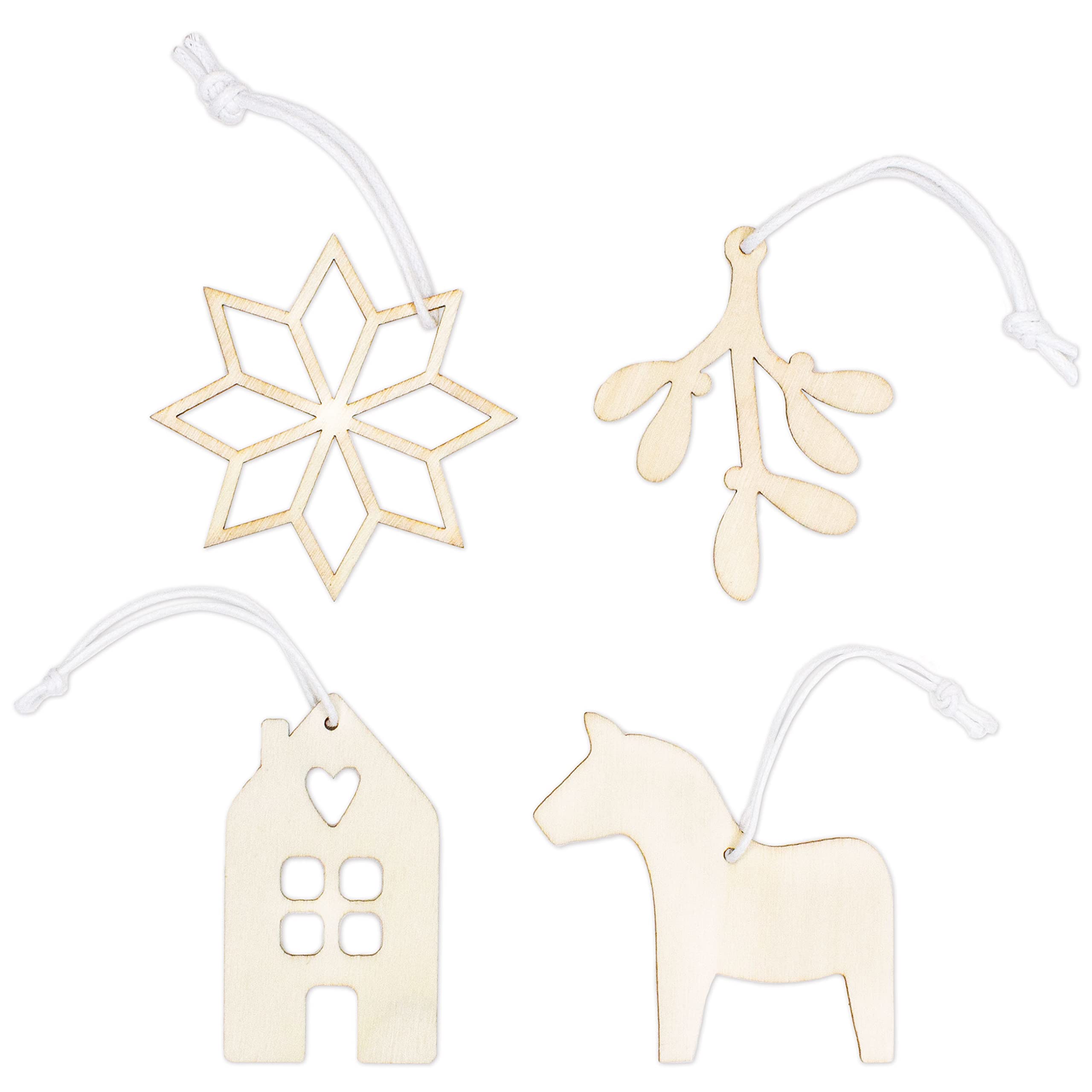 Papierdrachen Wooden Christmas Tree Decorations - 12 Pendants Hygge Nature - 4 Designs - Stylish Christmas Decoration for Trees & Gifts