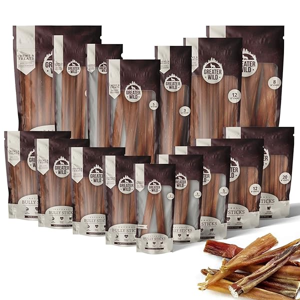 GREATER WILD 6 INCH BULLY STICKS DOG TREATS, 15 PACK, STANDARD THICKNESS – SINGLE INGREDIENT 100% ALL NATURAL BEEF, LONG LASTING DOG CHEWS