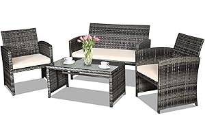 Goplus 4-Piece Rattan Patio Furniture Set, Outdoor Wicker Conversation Sofa with Weather Resistant Cushions and Tempered Glass Tabletop for Lawn Backyard Pool Garden (Beige)