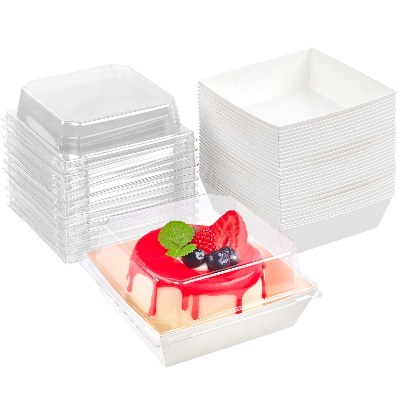 Photo 1 of 100 Pack Paper Charcuterie Boxes with Clear Lids, 4 Inches White Cookie Boxes Dessert Boxes Disposable Oil-Proof Food Containers for Sandwich, Cake Slice, Cupcake, Chocolate Covered Strawberry