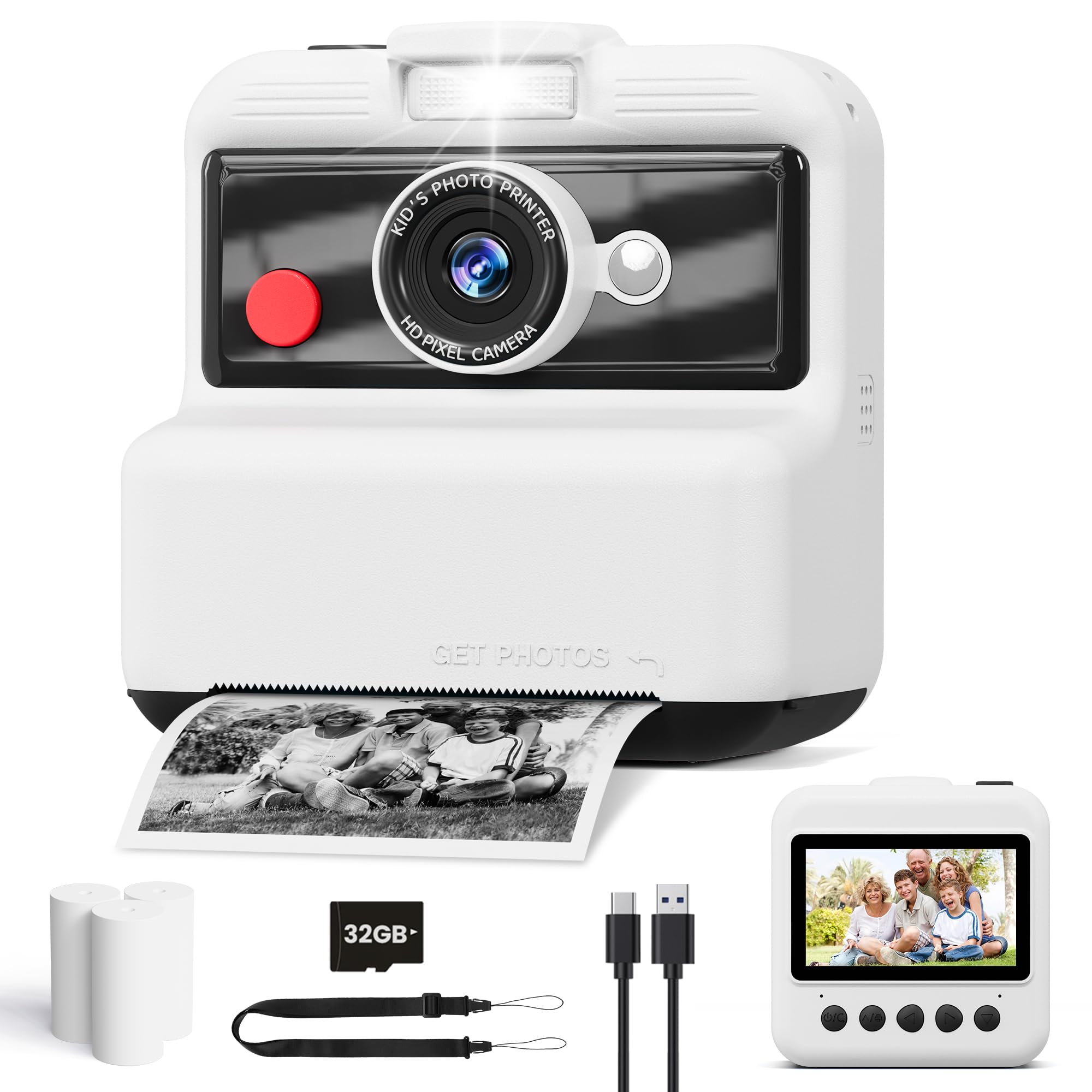 CAMCLID Kids Camera Instant Print, 3,0 Inch/48MP Instant Camera for Kids, 2.5K UHD Digital Video with 32GB Card, Christmas Birthday Toy Gifts for Girls Boys 3 4 5 6 7 8 9 10 Years Old (White)