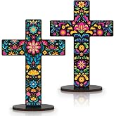 2 Pcs Wooden Mexican Cross Table Centerpiece Indoor Cross Day of The Dead Tabletop Decoration Dia De Los Muertos Altar Decor Spanish Crucifix for Home Church Holiday Desk Tiered Tray Party Shelf