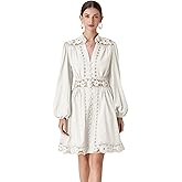 LAI MENG FIVE CATS Women's V-Neck Elegant Lace Long Sleeve Lantern Sleeve Button up Casual Mini Dress