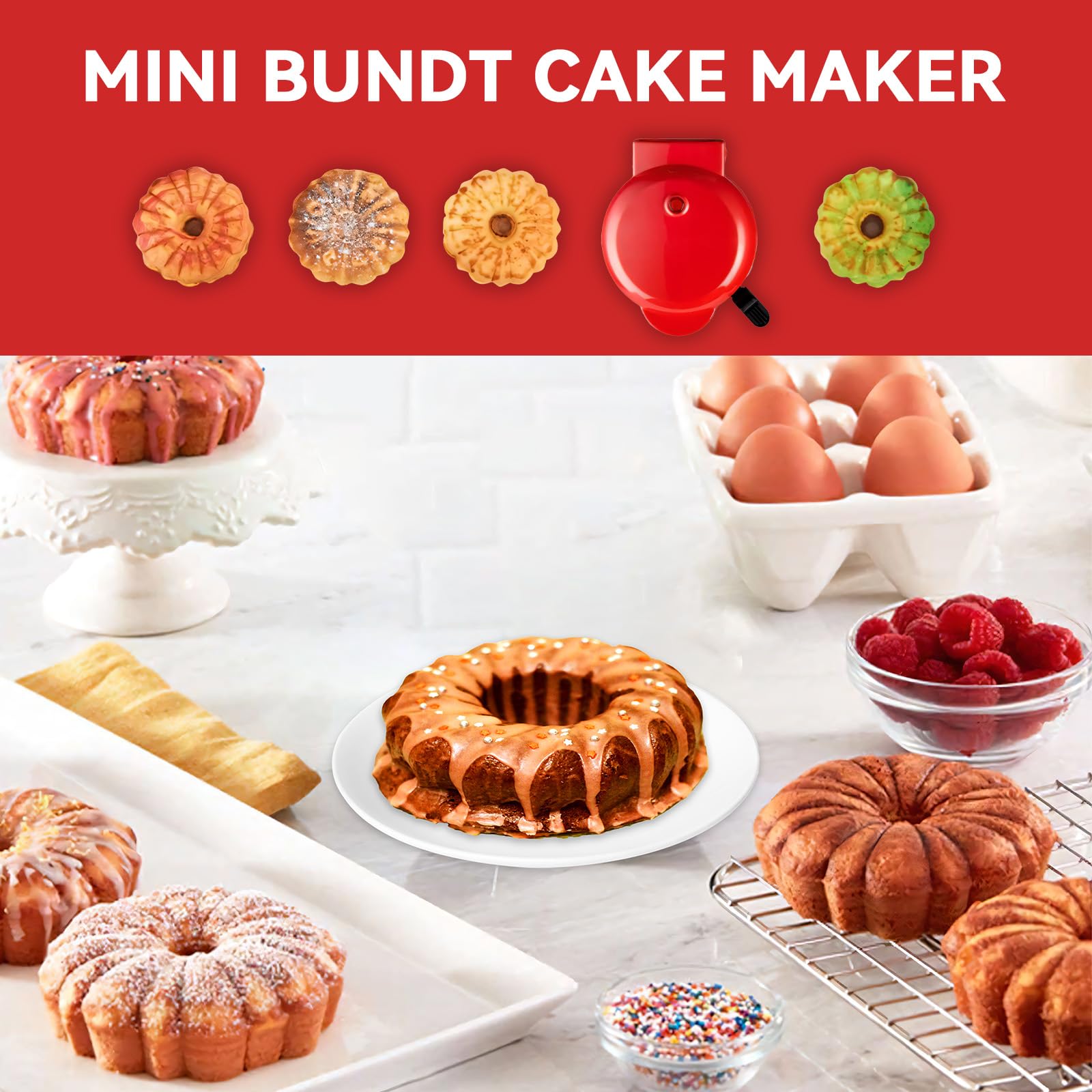 Mini Cake Maker, Portable Mini Bundt Cake Maker Double-Sided Heating, electric cupcake makers for Breakfast, Cake, Snacks (Red)
