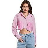 GORGLITTER Women's Cropped Button Down Shirts Y2k Striped Long Sleeve Shirt Collared Blouses Dressy Casual Outfits