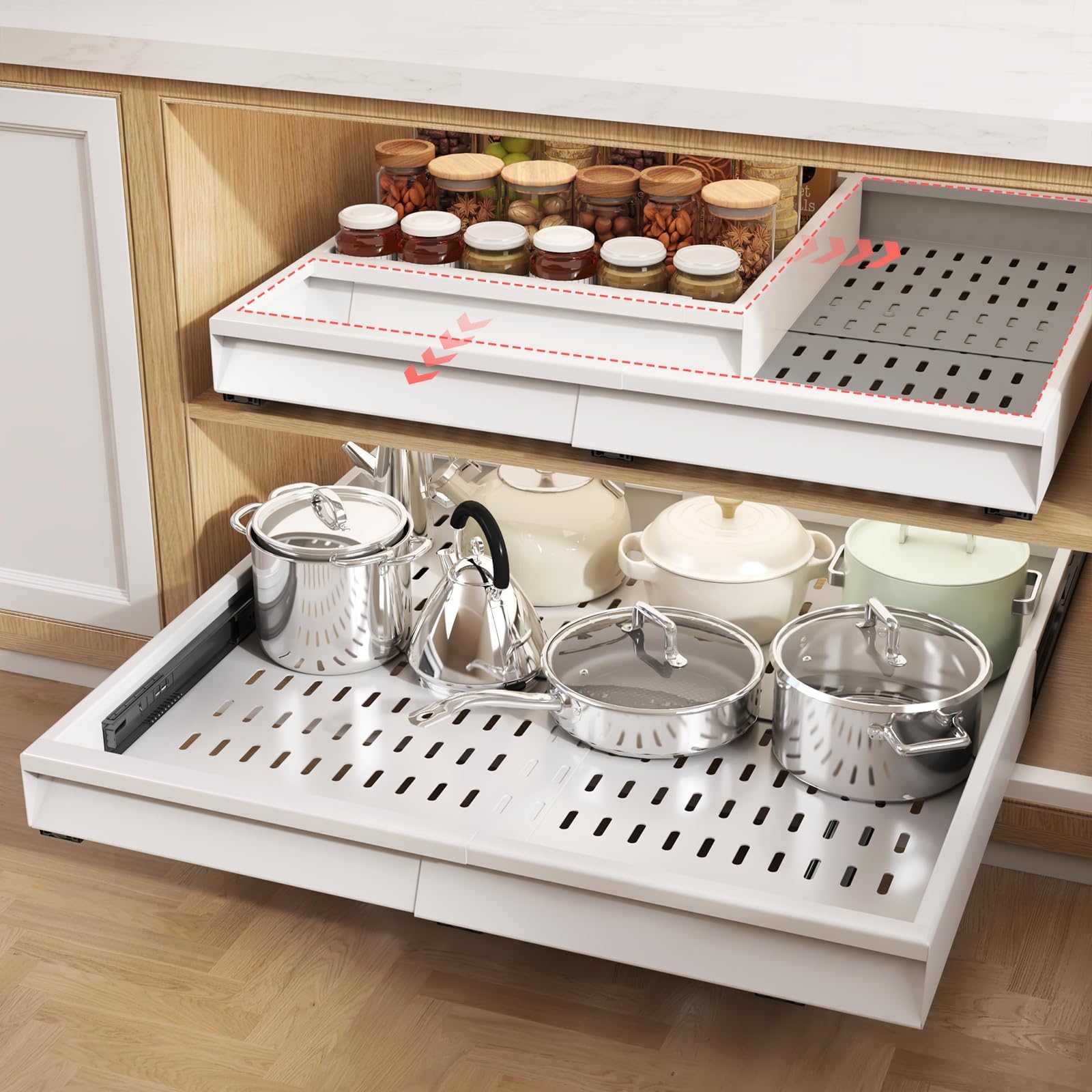 Photo 1 of Seinloes 2 Pack Pull Out Cabinet Organizer With Raising Pad for Framed Cabinets,Expandable Width (15"-25") and Depth (17"-24"),3 Slide Rails Slide Out Drawers with Handle,No-Drill Roll Out Shelf,White