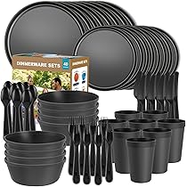 Plastic Dinnerware Set, 24 Piece Picnic Camping Dinner Set With