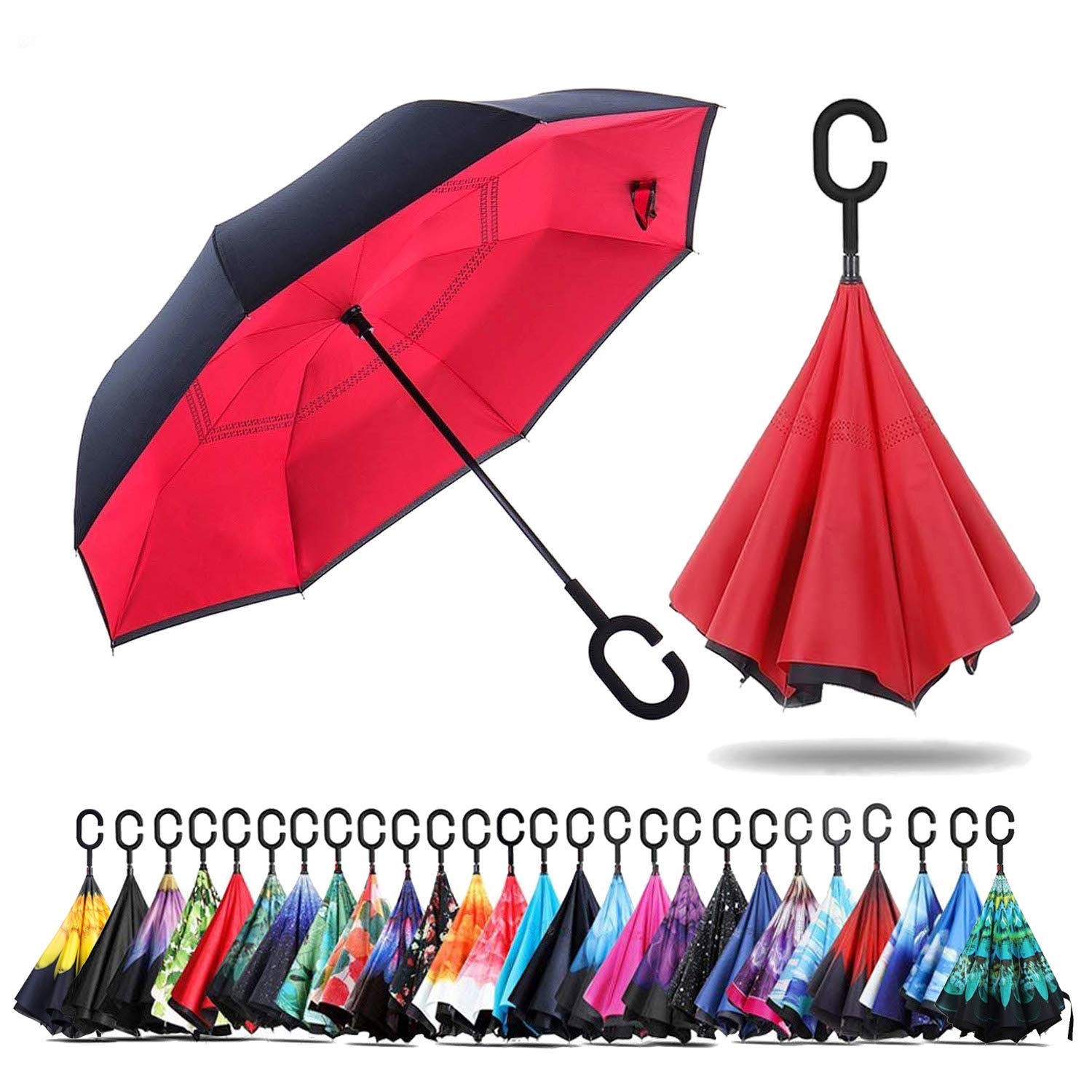 NNY Inc Double Layer Inverted Umbrella Cars Reverse Open Folding Umbrellas, Windproof UV Protection Large Self Stand Upside Down Straight Umbrella for Golf Women and Men with C-Shaped (Red)