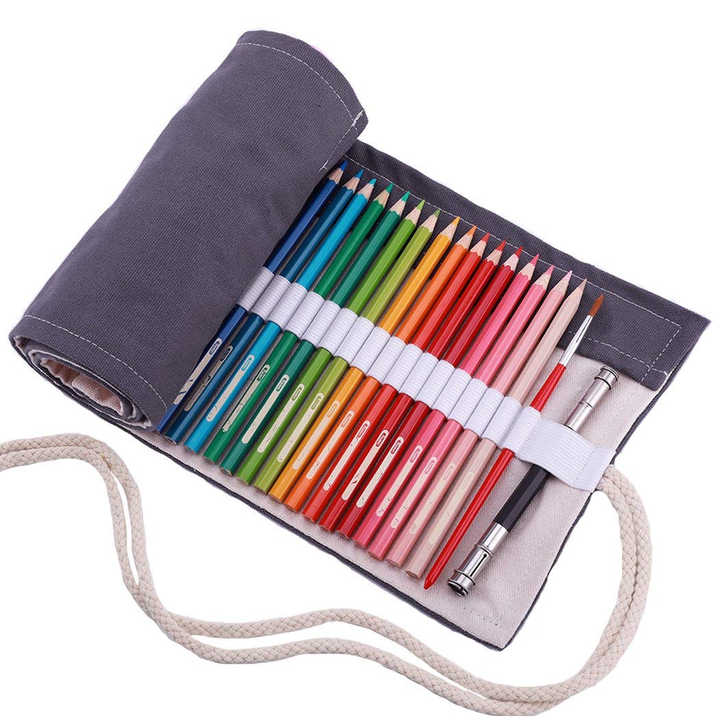 Amoyie Roll Up Pencil Case for 72 Coloured Pencils, Canvas Artist Wrap, Colouring Pens Holder, Grey 72 Slots