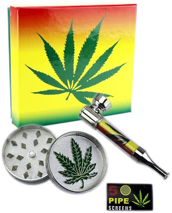 GYD Geschenkset Grinder 3-tlg - Profi Raucher & Kiffer Set im Box/Geschenkverpackung - Raucherset Zubehör - Grinder, Pfeife u