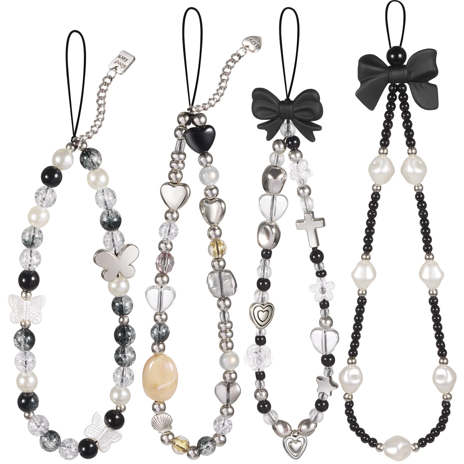 Draupnir 4pcs Phone Charms Strap, Butterfly Bow Camera Strap Wrist Beaded Phone Bracelet Wrist Straps, Pearl Bracelet Lanyard Keychain Charm for Women, Black&White