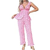 BEAUDRM Women's 2 Piece Sexy Pajama Set Heart Graphic Front Closure Ruffle Cami Top and Pants Loungewear Sleepwear