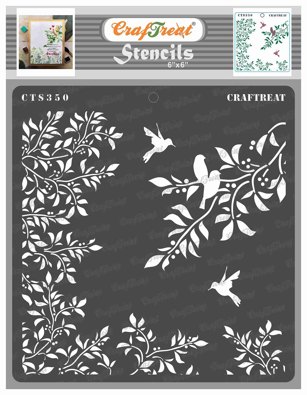 CrafTreat Reusable Bird Branch Stencils 6x6 Inch for Painting on Wood, Canvas, Paper, Fabric, Floor, Wall and Tile - Leaves and Branch Stencil - DIY Arts and Crafts Stencil of Branches and Leaf
