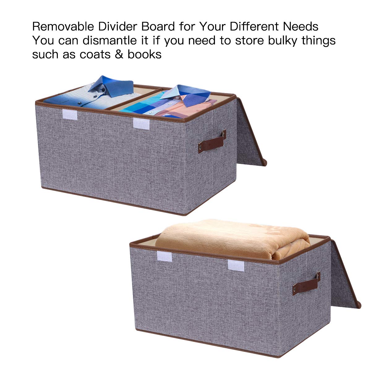 Storage Boxes Set of 3, Large Cotton Fabric Foldable Cube Organiser Bins Baskets with Lids and Handles Container Clothes Blankets for Home, office and Laundry Organization (Light Grey & Sky Blue)