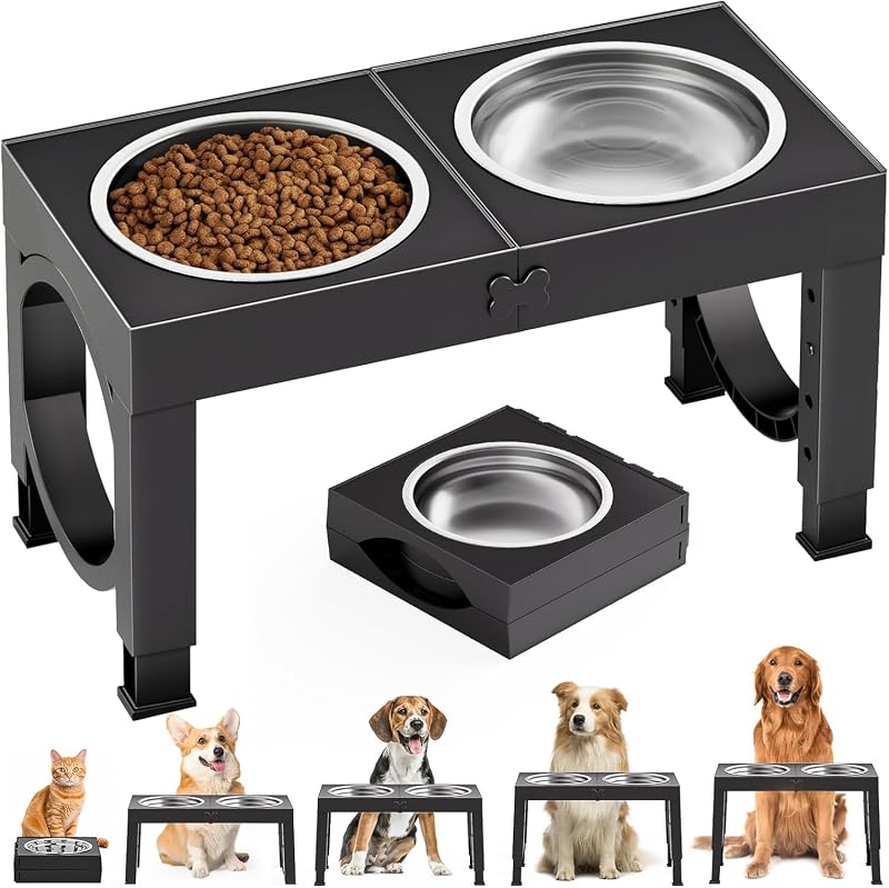 Aystkniet Raised Dog Bowls 5 Height Adjustable Stainless Steel Dual Bowls