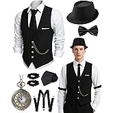 HaBaeBae 1920s Mens Costume, Roaring 20s Costumes for Men, Fedora Hats for Men 1920S Mens Outfit with Hat, Vest,Pocket Watch