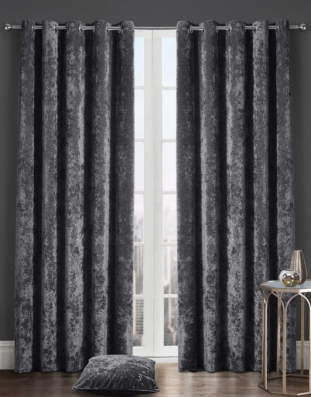 Kampala Hill Crushed Velvet Eyelet Ring Top Light Filtering Curtains Charcoal Black 90x90