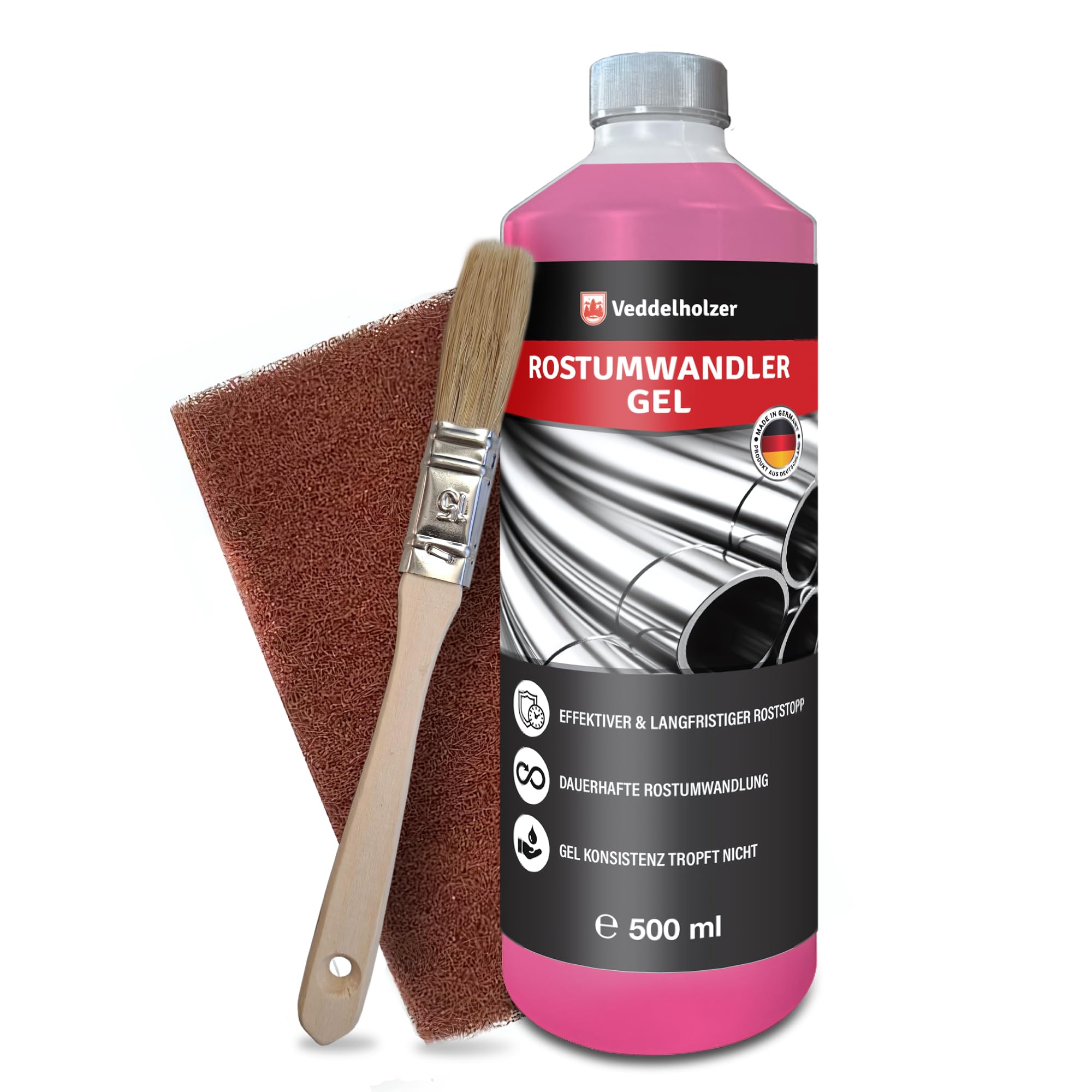 Veddelholzer Premium 500 ml Rostumwandler Gel Set inkl. Schleifvlies & Pinsel. Rostlöser, Rostschreck, Rostentferner für Metall, Auto, Motorrad, Fahrrad UVM. Effektive Alternative zum Rostlöser Spray