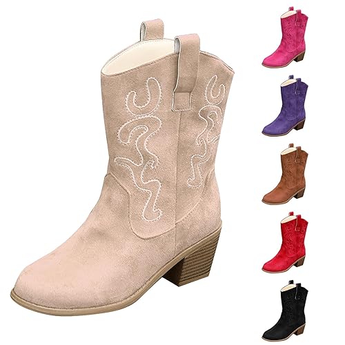 cowgirl boots Cowboy Boots for Women Wide Calf Slip-on Waterproof Mid-Calf Cowgirl Boot Comfortable Pointed Toe Chunky Heel Embroidered Western Wedding Shoes ladies leather boot