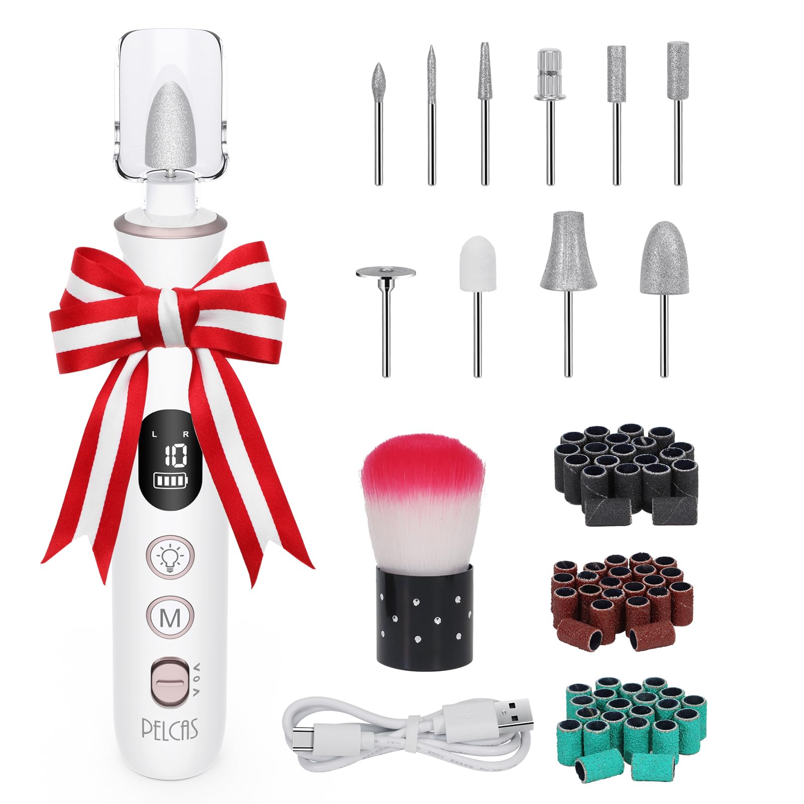 PELCAS Electric Nail File, 10 Speeds Cordless Nail Drill with LED Light, Portable Manicure and Pedicure Kit, Nail Grinder with LCD Screen for Human, Pet, Thick Toenails, Natural & Acrylic Nails