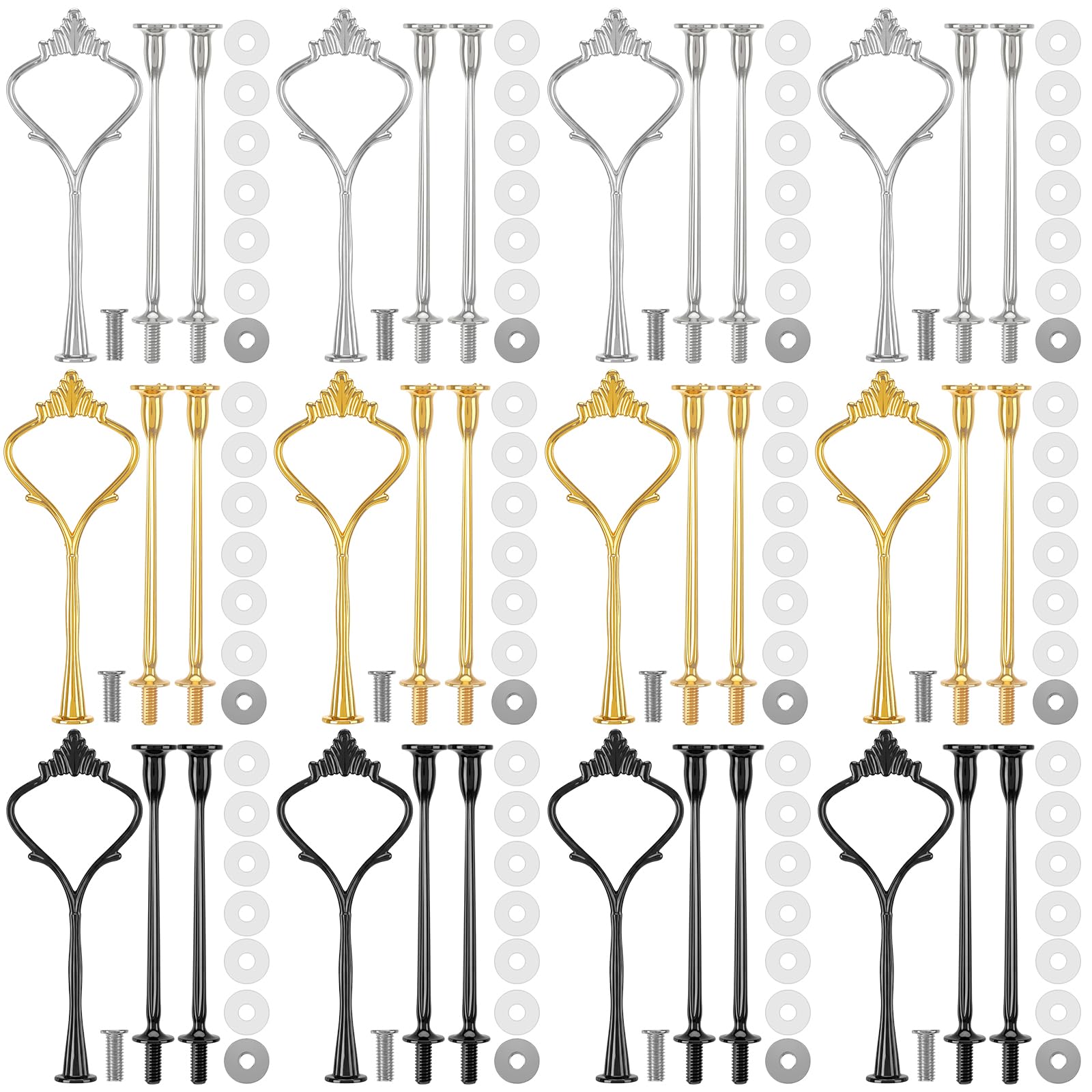 Photo 1 of Patelai 12 Sets 3 Tier Cake Stand Hardware Tiered Tray Plate Hardware Kit Heavy Metal Cake Fruit Food Plate Stand Fitting Stacking Kit for Serving Dessert Cupcake Dish (Simple,Black,Silver,Gold)