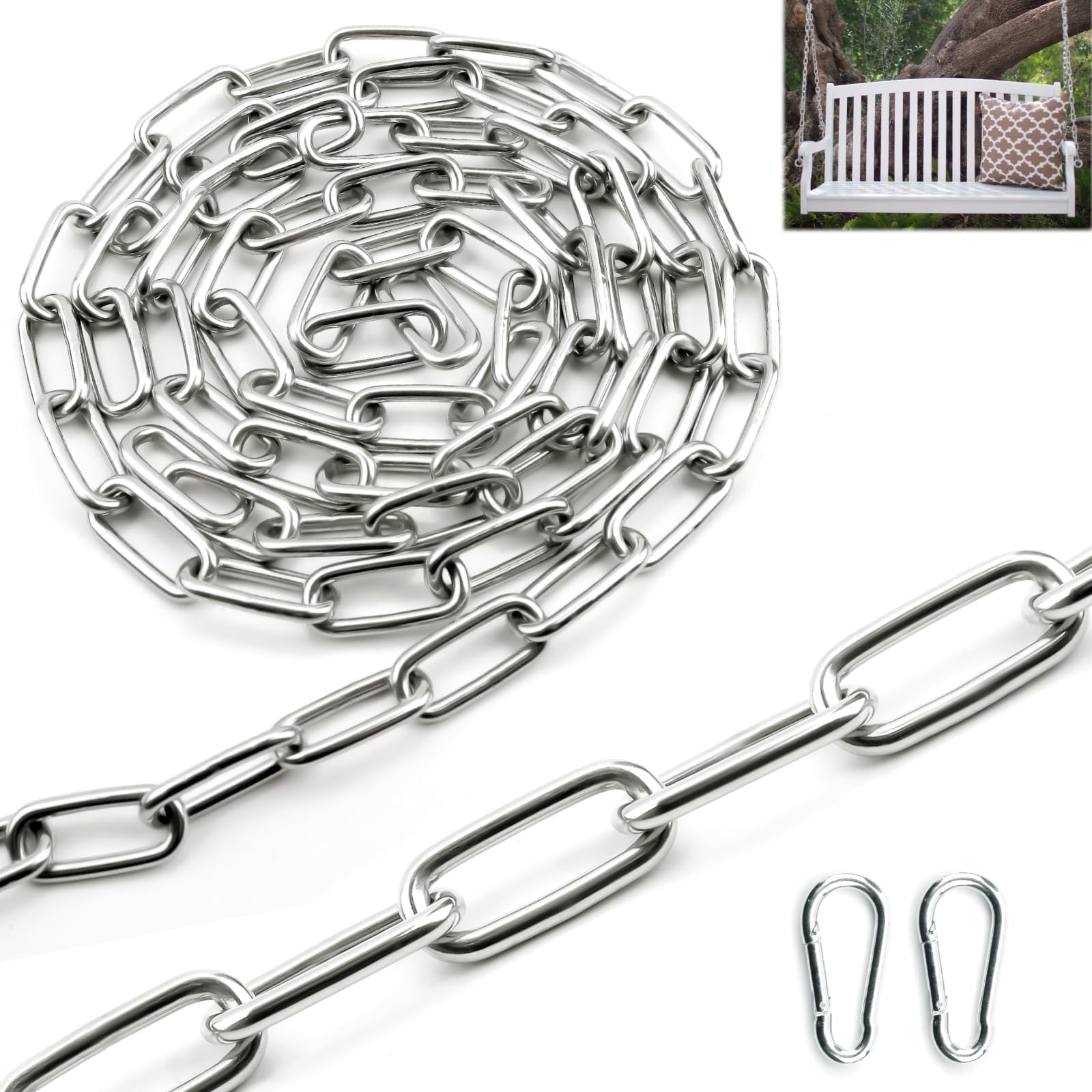SWTYExt 304 Stainless Steel Chain 4mm 1.5 Metre Heavy Duty Metal Links with Carabiner Thick Chain for Gate Padlock Outdoor Lifting Hanging Swing Bike Cycle Lock Pet
