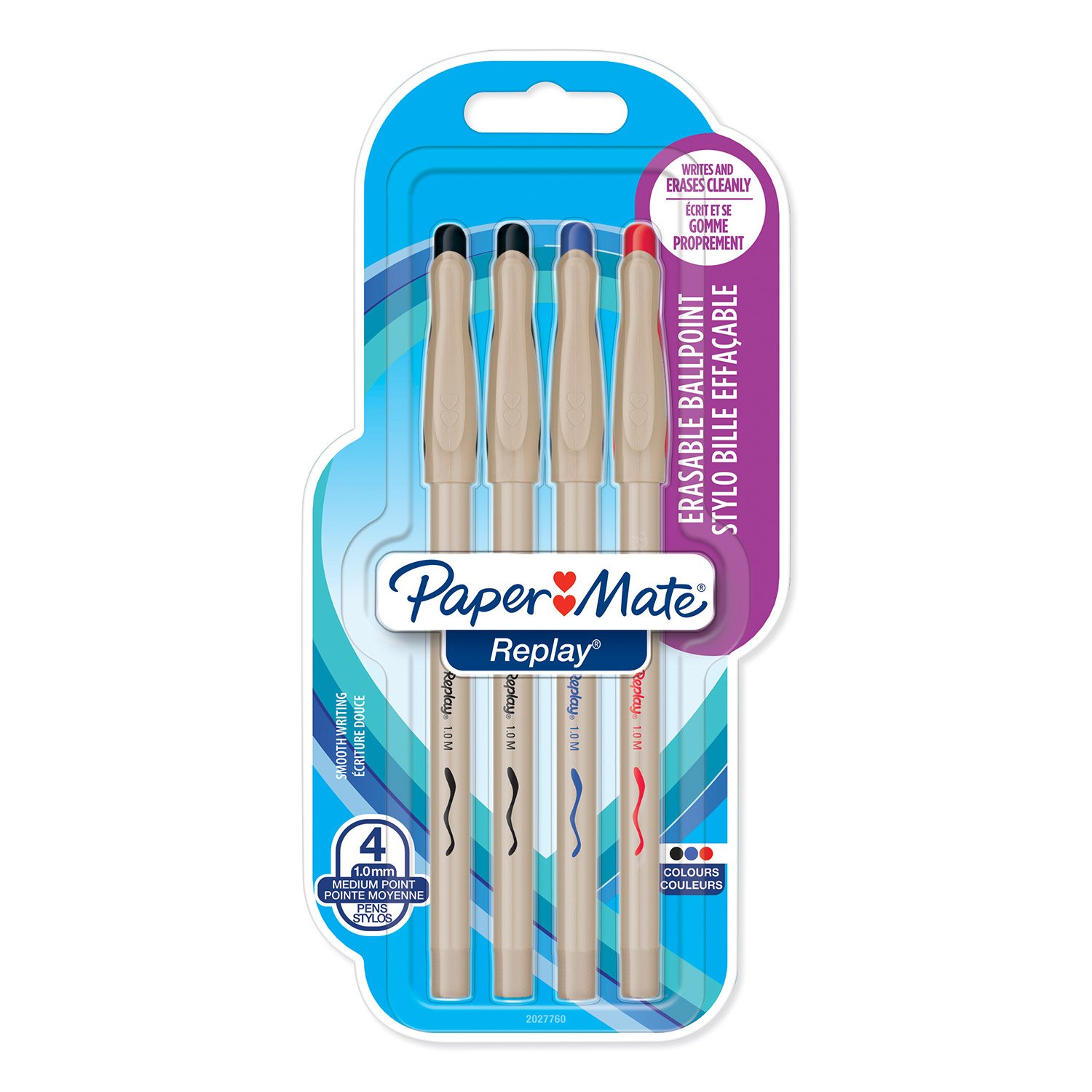 Paper Mate Replay Lot De 4 Stylos Bille Effaçable Pointe Moyenne 10 Mm Couleurs Classiques - 