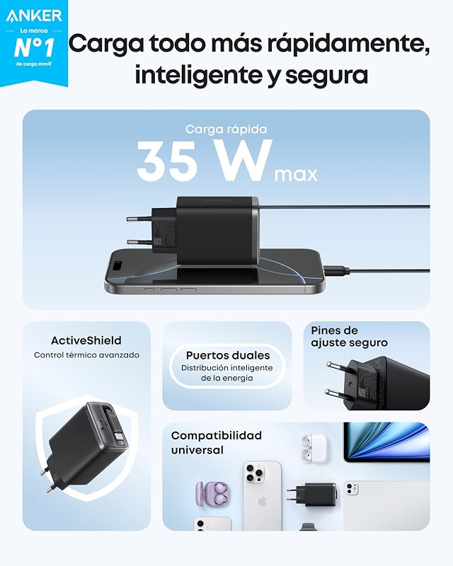Anker Nano Fast Charge iPhone Charger 35W, Carregador USB c de alta velocidade com 2 portas, Cabo retrátil Anker InstaCord integrado, compatível com iPhone 16 Pro MAX/15/14, iPad, Pixel e muito mais. — foto 6 de 6