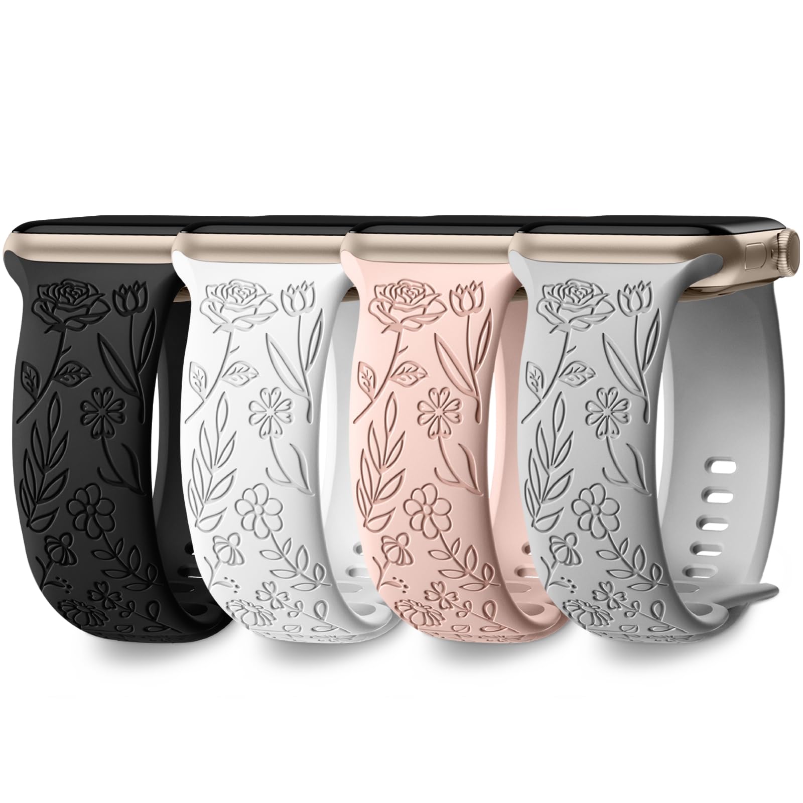 DaQin 4 Pack Floral Engraved Bands Compatible with Apple Watch Band for Women 40mm 41mm 42mm 44mm 45mm 46mm 38mm 49mm, Cute Silicone Flower Pattern Strap for iWatch Series 11 10 9 8 7 6 5 4 3 SE Ultra
