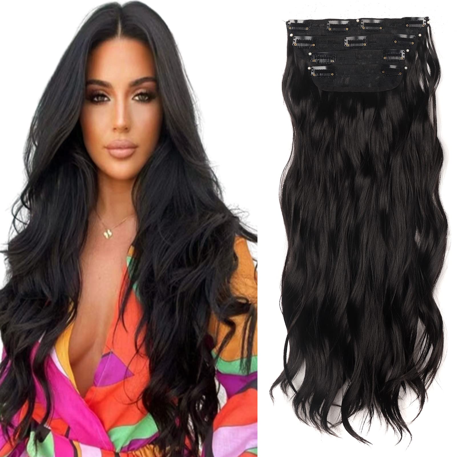 Gairyan Clip in Hair Extensions 4PCS Curly Wavy Long Hair Pieces Full Head Synthetic Hair Extension Thick Natural Look for Women, 22 Inches 180g, Black Brown — image 1
