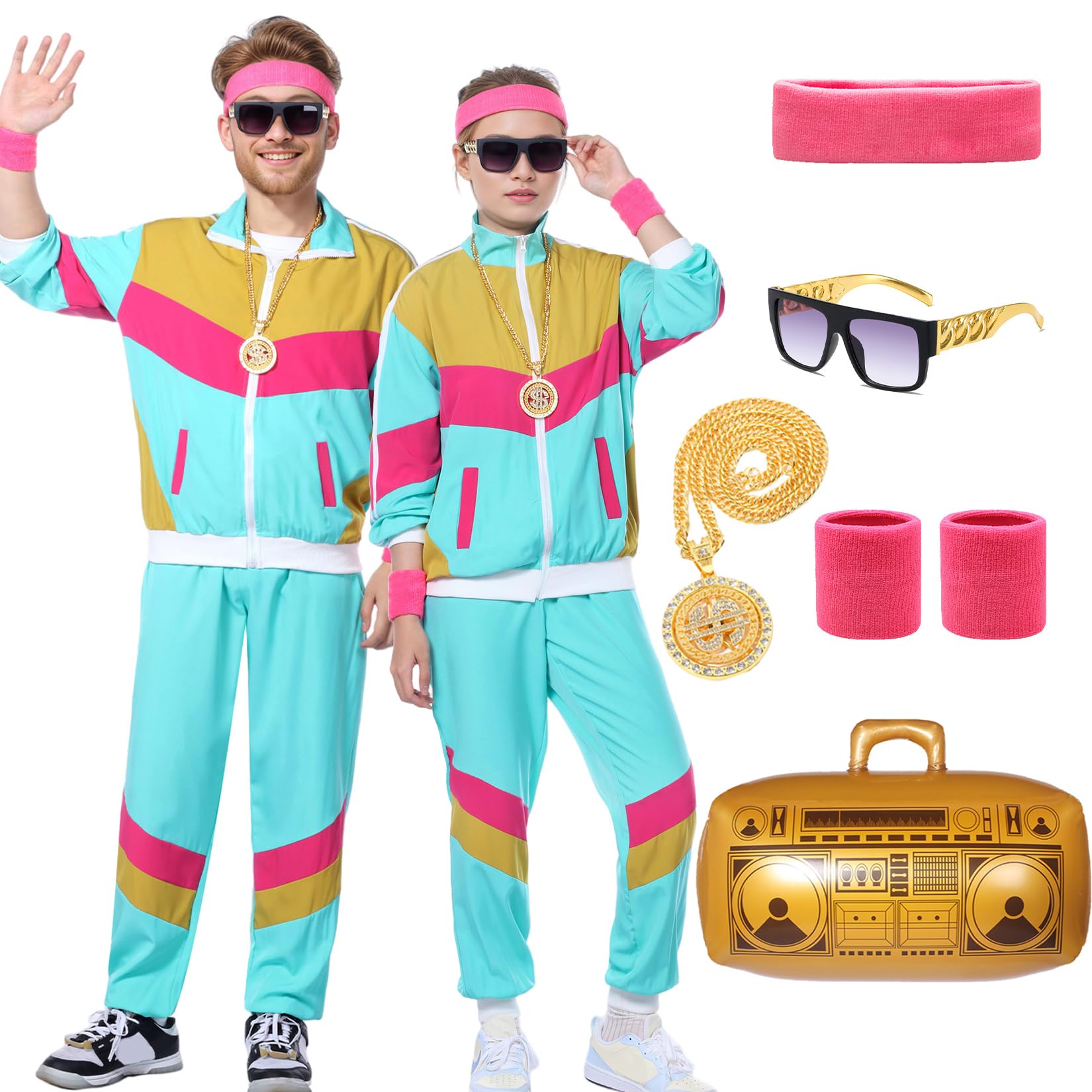 Angenster 80s Fancy Dress Men Women, 80s 90s Shell Suit Retro Dress Up 80s Disco Outfit with Jacket Pant Sweatband Glasses Balloon Necklace, 90s Fancy Dress Costume for Carnival Rave (Blue, XXL)