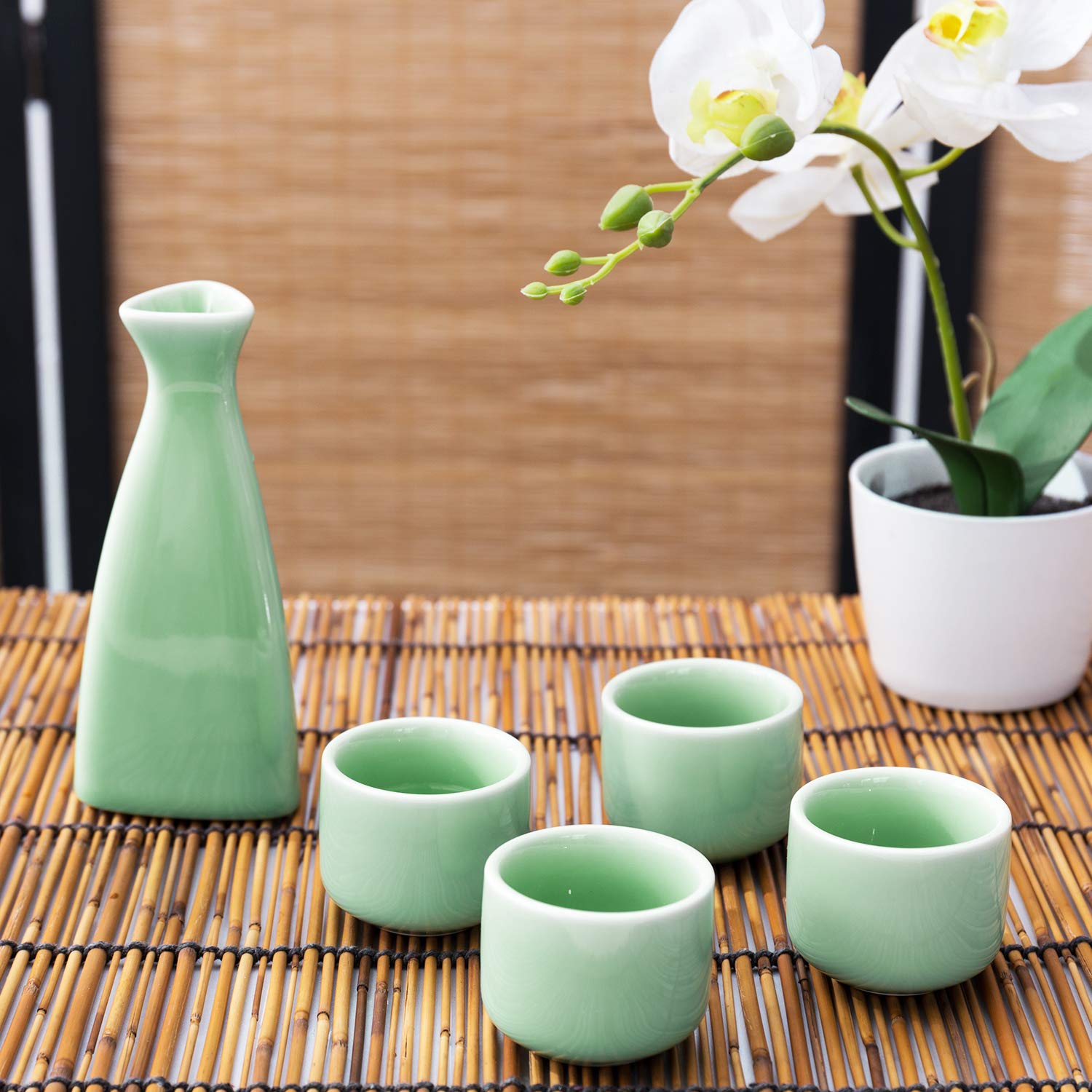 Photo 1 of MyGift Turquoise Ceramic Hot Sake Set with Tokkuri Bottle Carafe (5 oz) and 4 Ochoko Cups (1.6 oz), Japanese Style Sake Wine Serving Set