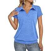 Fisoew Womens Polo Shirts Short Sleeve Banded Bottom Tops Casual Loose Collared V Neck Blouses