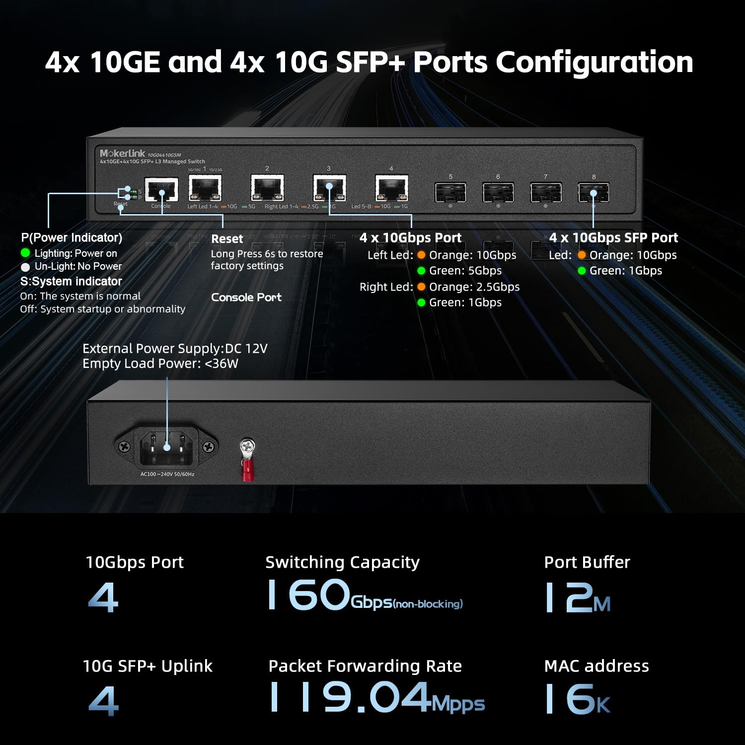 MokerLink 8-Port-10G-verwalteter Switch, 4x10G-Ethernet-RJ45-Ports, 4x10G-SFP+-Steckplatz, L3-Web/CLI-verwaltet, Netzwerk-Switch aus Metall für Desktop- oder Wandmontage 4