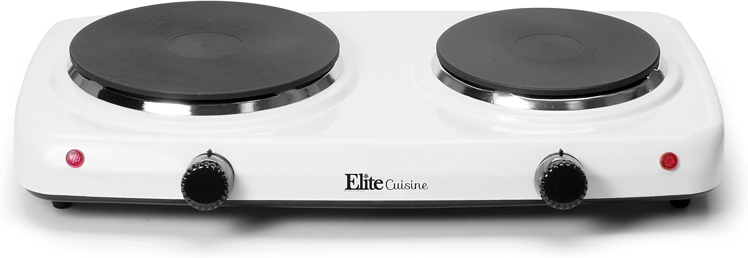 MaxiMatic EDB302F Elite Cuisine Dual Temperature Double Burner 1500Watt Hot Plate, White