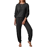 Ekouaer Waffle Knit Lounge Sets for Women Long Sleeve Pajamas Set with Pockets 2 Pieces Outfits Top and Pants