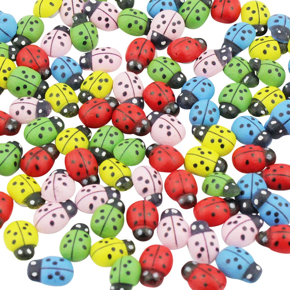 DEKOWEAR Ladybirds with glue point 100 pieces for Decorating from Wood, Red or Colored, 11 mm as Luck Beetle - Handmade Lucky Charm Ladybug (Colored)