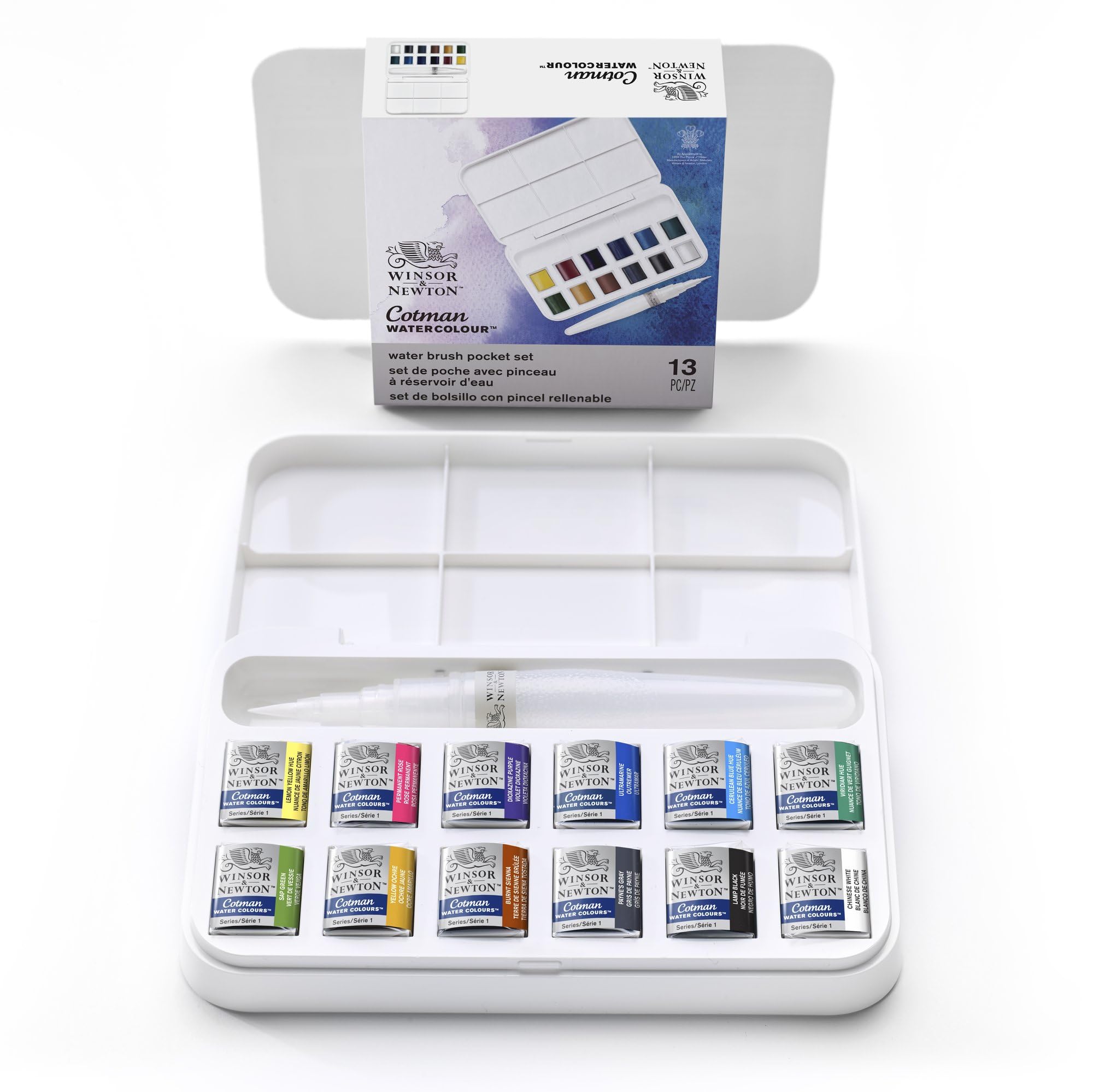 Winsor & Newton, Cotman Watercolour, 'Water Brush Pocket Set' , 12 x Half Pans + 1 x Water Brush