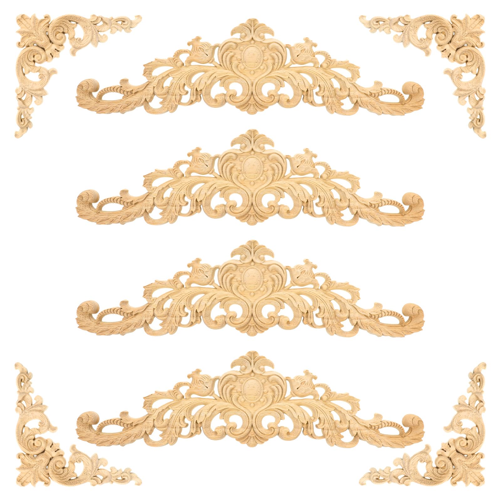 Photo 1 of 10 Pieces Wood Appliques Decorative and Onlays 2 Sizes Large Size Decorative Wooden Applique Trim Carved Unpainted DIY Carved Onlay for Bed Door Cabinet Dresser Wardrobe Furniture Decoration