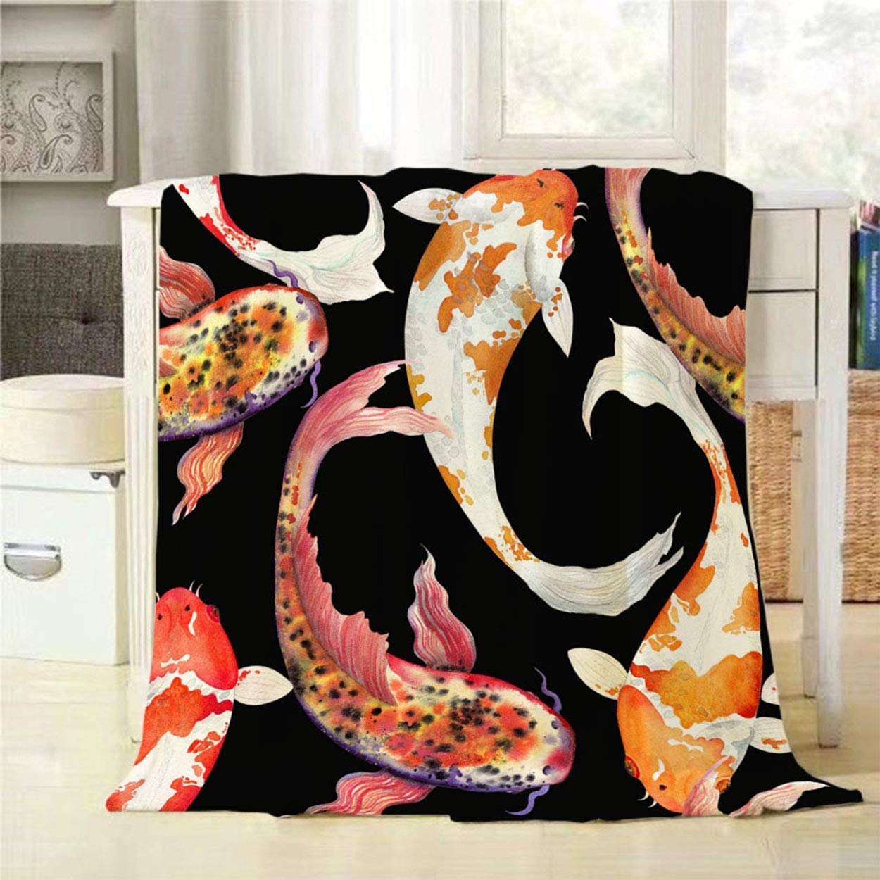 Abaysto Flannel Throw Blanket,Watercolor Japanese Fish Carp Koi Seamless Pattern Swimming Soft Fluffy Blanket for Bed Sofa Couch,Great Gift for Christmas 60X80 Inch