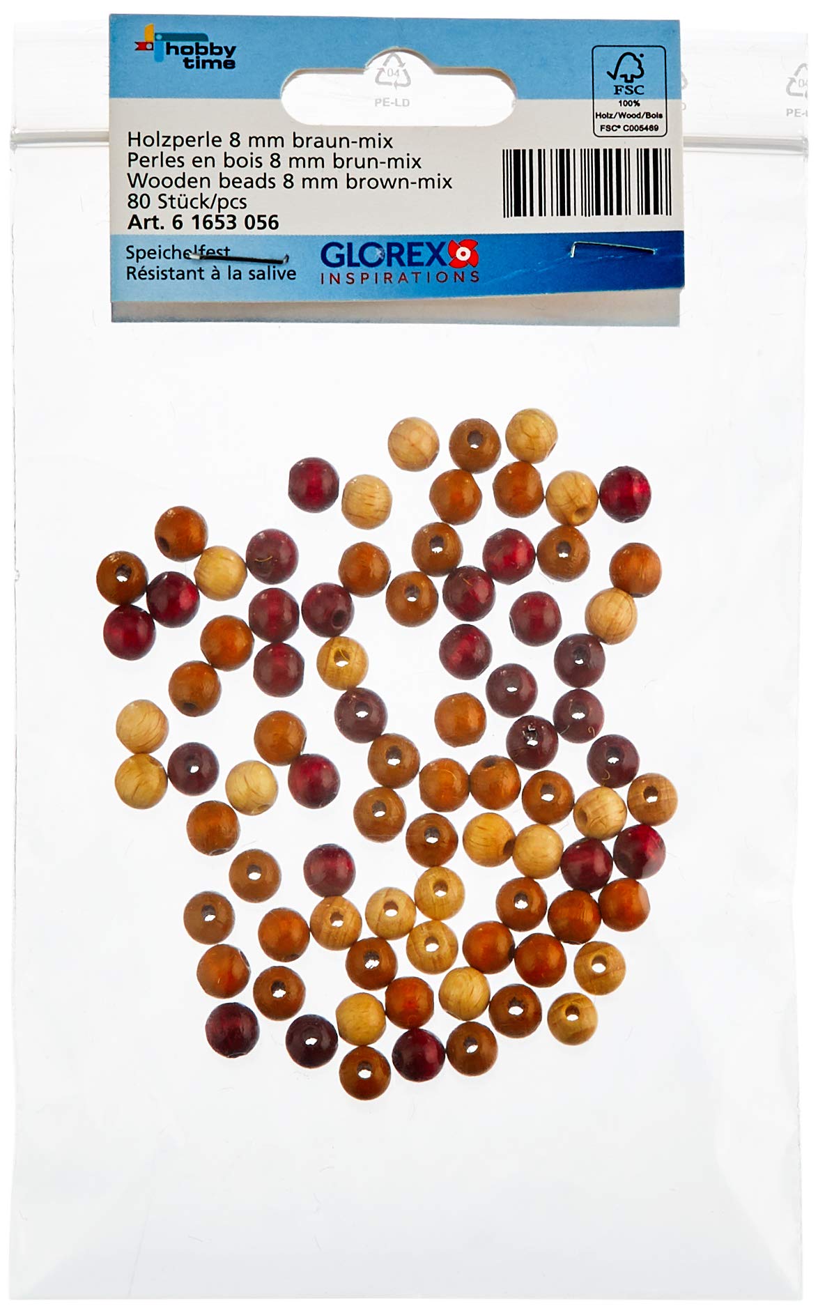 Glorex Wood Bead Mix 80ST, Wood, brown, 11 x 8.5 x 1 cm
