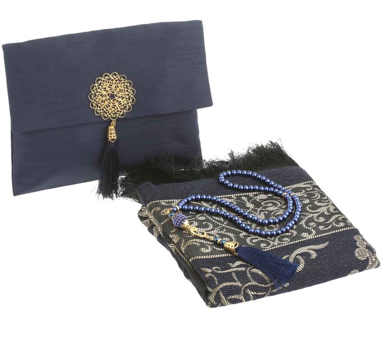 Prien Muslim Prayer Rug With Tasbih Beads and Portable Bag, Muslim Gift For Women Men, Mubarak Islamic Box, Soft Mat Gifts Set, Turkish Carpet For Ramadan, Eid, Hajj, Travel (Navy Blue)