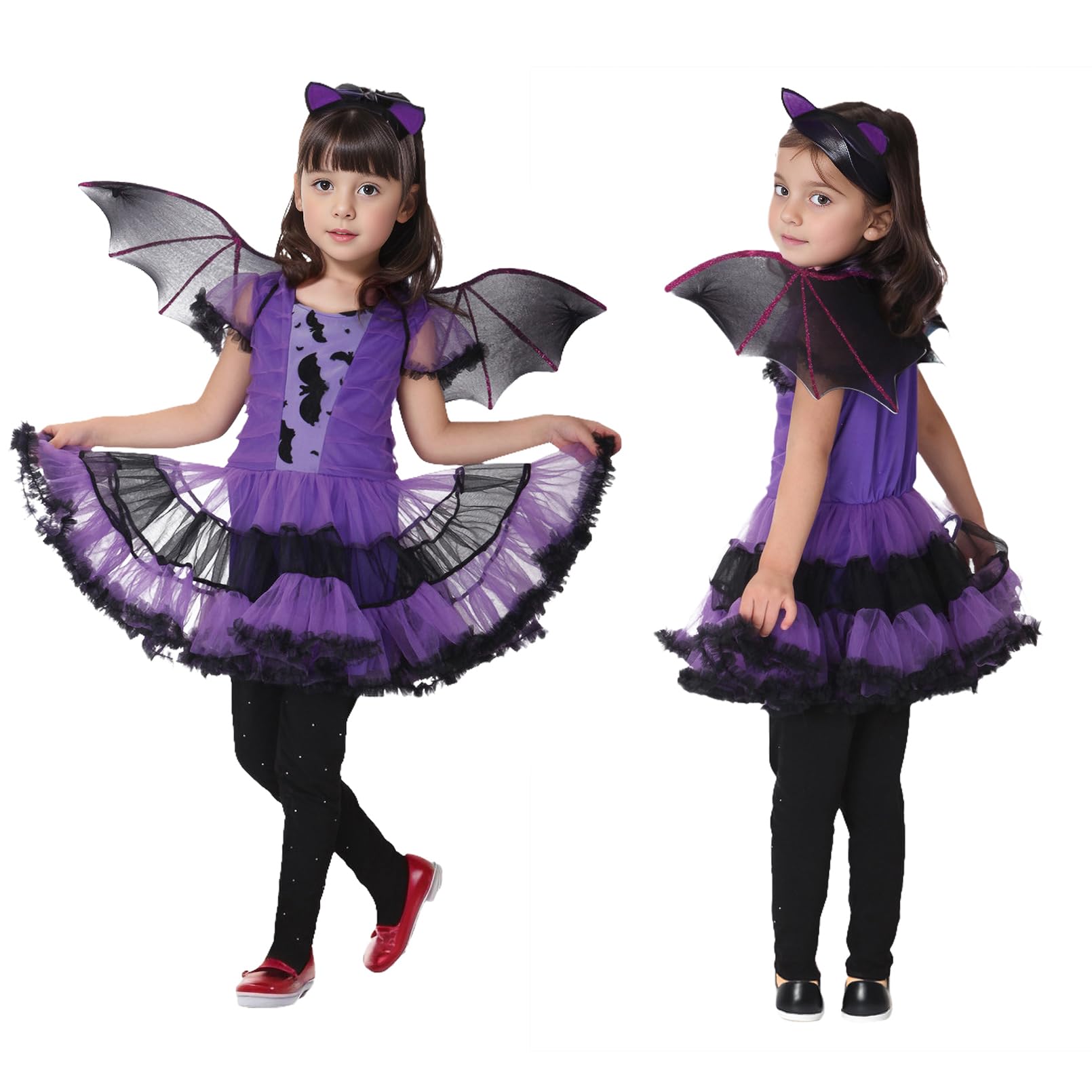 Cloudkids Girls Halloween Bat Costume for Kids Vampire Cosplay Party Bat Princess Dress with Wings,Headband and Bag