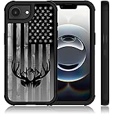 XWMHHP Compatible with iPhone 16E Case for Men Women, 3-Layer Rugged Shockproof Anti-Slip Hard Bumper Silicone Rubber Heavy Duty Protection Cover for SE 4 - Wood Deer American Flag