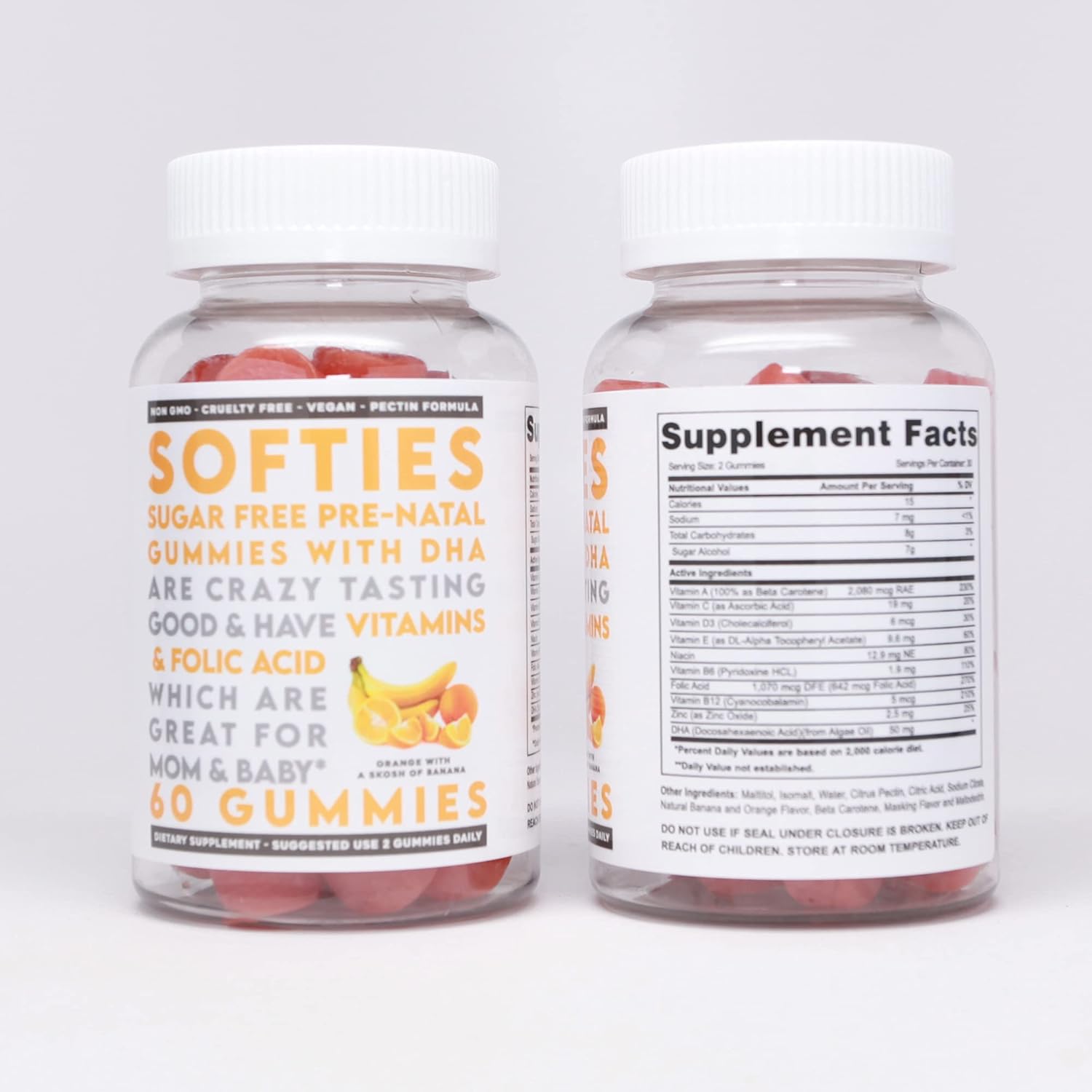 Softies Gummies Sugar Free Prenatal Vitamin with DHA - During, Before and Post Pregnancy - DHA, Zinc, Folic Acid, Niacin, Vitamin A, C, D3, E, B6, B12, 60 Gummies per Bottle, 2 Pack: Health & Personal Care