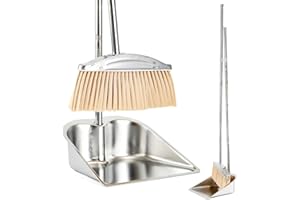 VOOWO Broom with Dustpan Combo Set, 46" Stainless Steel Broom and Dustpan Set for Home, Heavy Duty Dust Pan with Long Handle, Broom for Sweeping Indoor and Outdoor, Kitchen Broom and Dust Pan (Khaki)