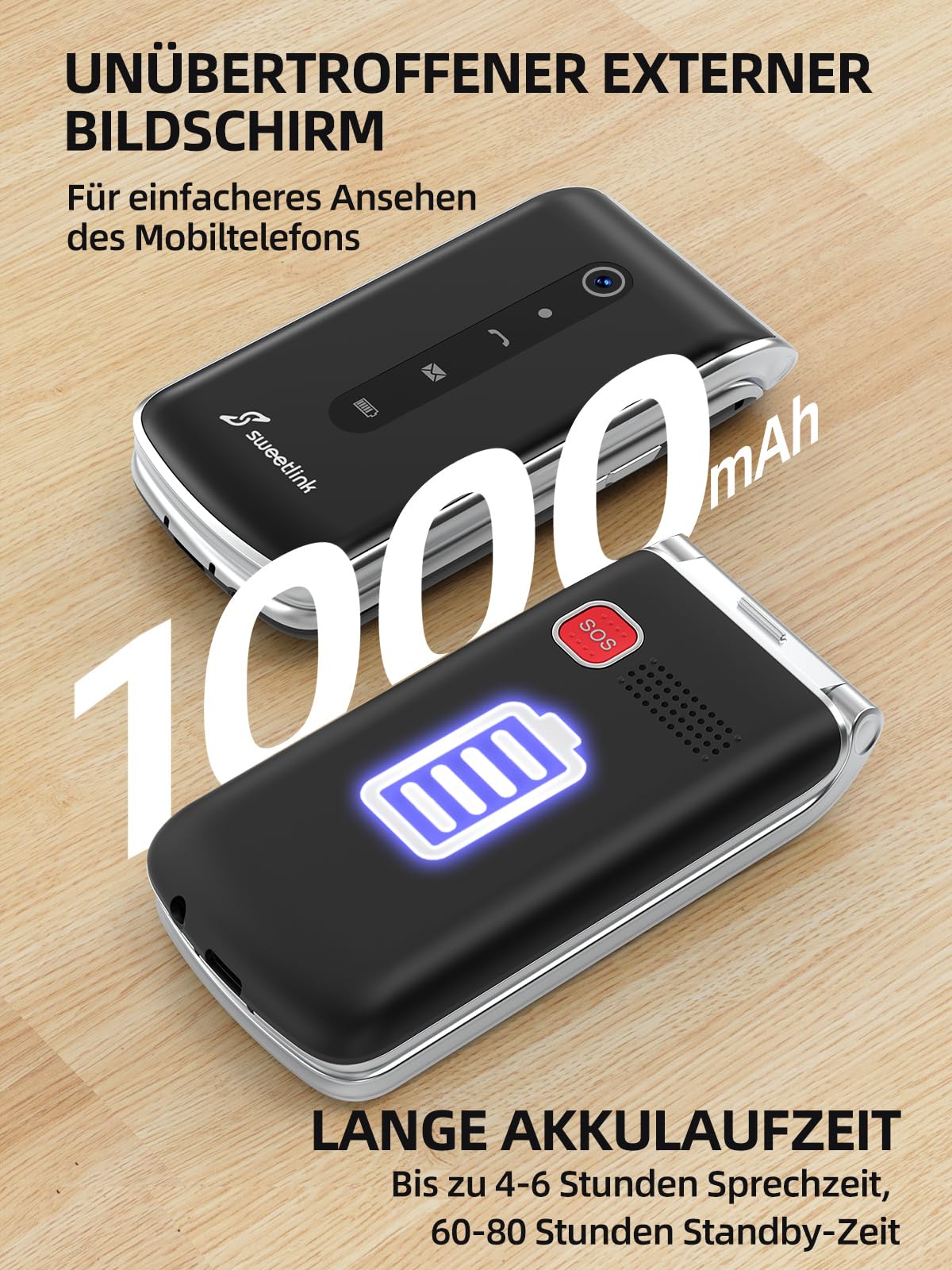 SweetLink F1 Seniorenhandy Ohne Vertrag, Klapphandy Mit Großen Tasten, 1000 mAh Akku, FM Radio, 2,4 Zoll Display, Dual SIM, 5 SOS Notruftaste für Senioren