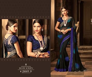 Amazon Co Jp ブルーブラック 水玉 パキスタンサリー プリント ジョーゼット デザイナー カジュアル サリー コントラスト ブラウス インド715 Diy 工具 ガーデン