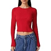 QINSEN Womens Cable Knit Crewneck Sweaters Ribbed Hem Slim Fit Long Sleeve Pullover Crop Tops