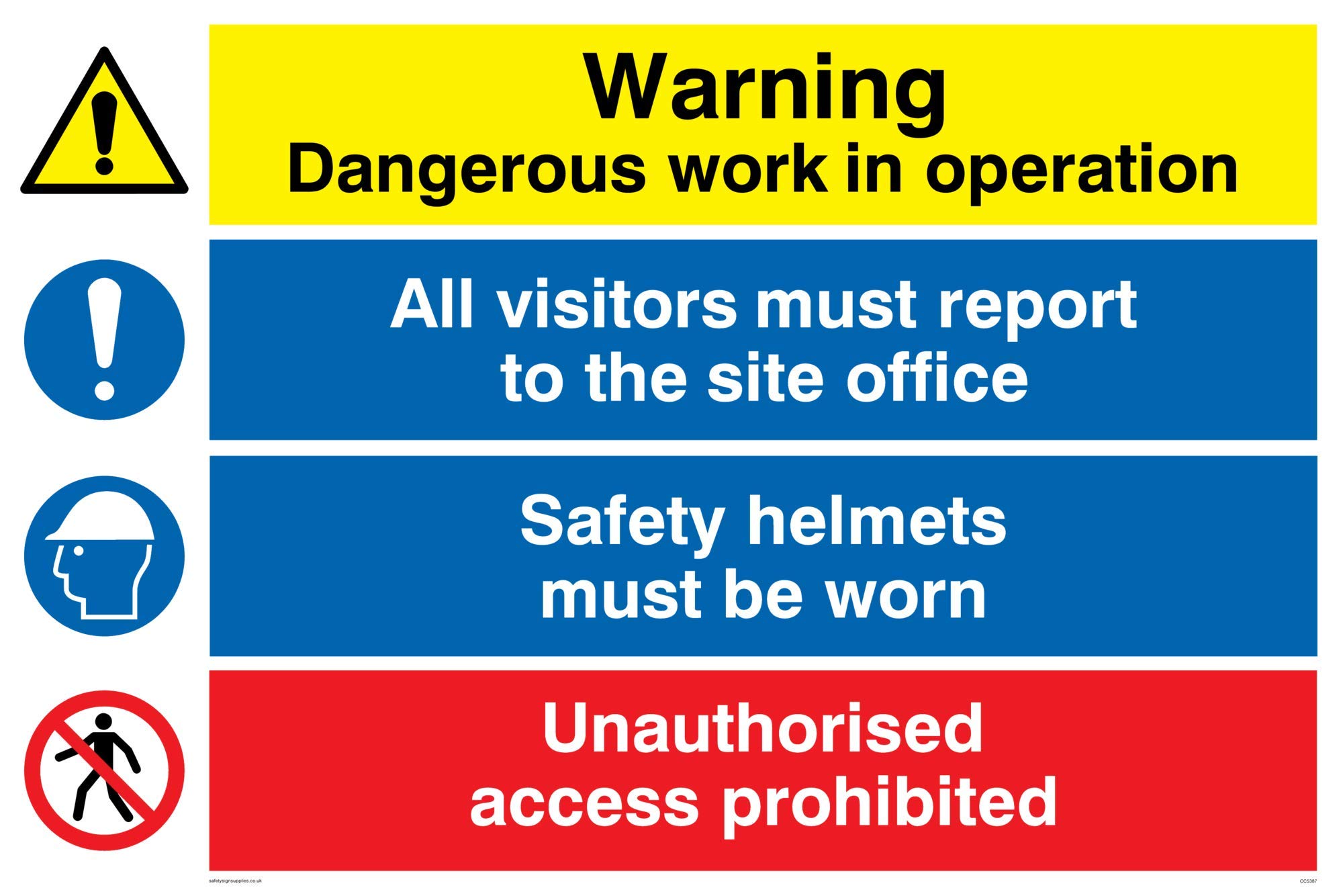 Viking Signs CC5387-A4L-3M "Dangerous Work In Operation - Report To Reception - Safety Helmets - Unauthorised Access Prohibited" Combination Sign, 3 mm, Plastic, Rigid, 300 mm H x 200 mm W